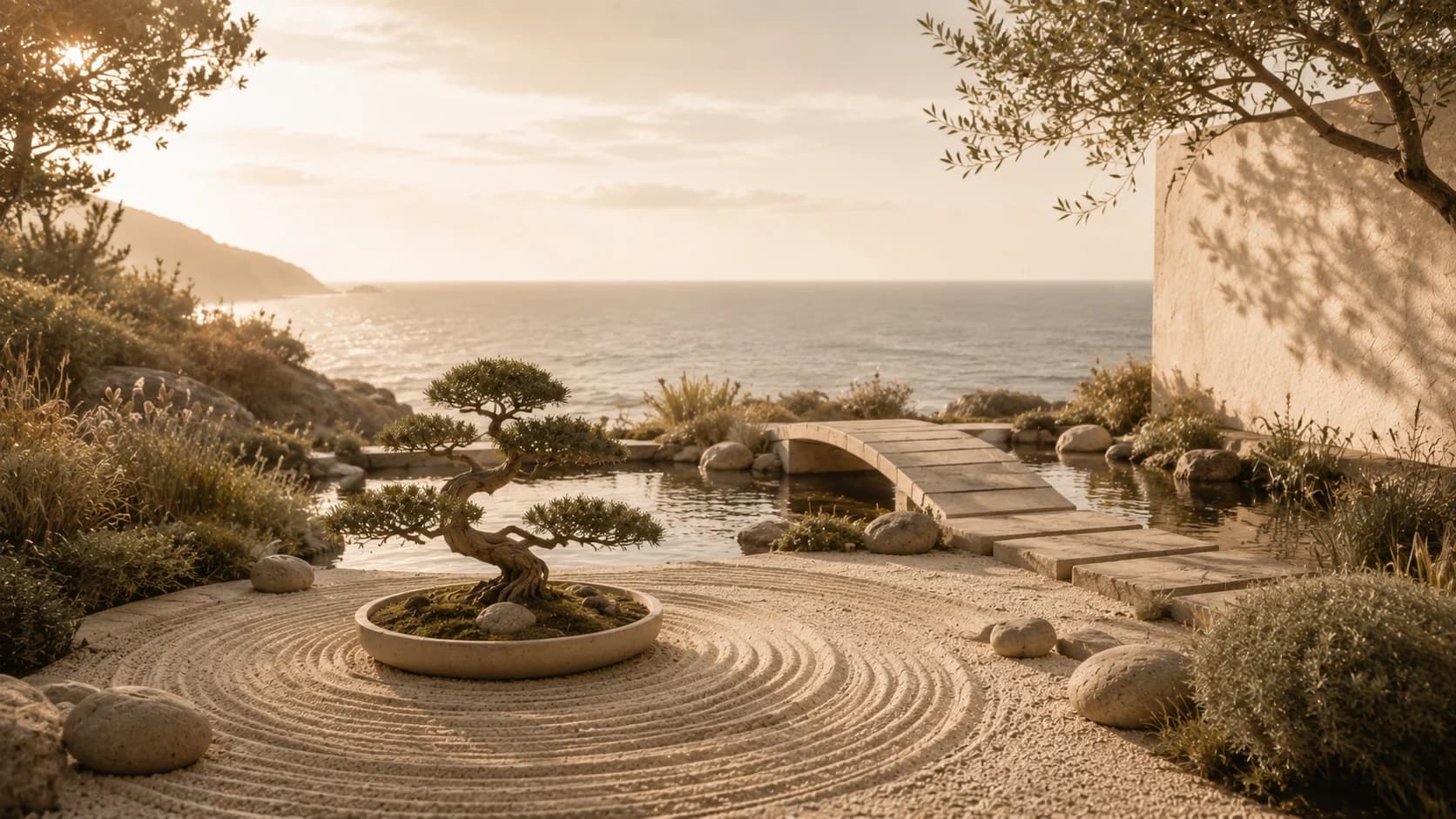 A wide coastal garden with a low bridge, stone paths, and soft sunlight.