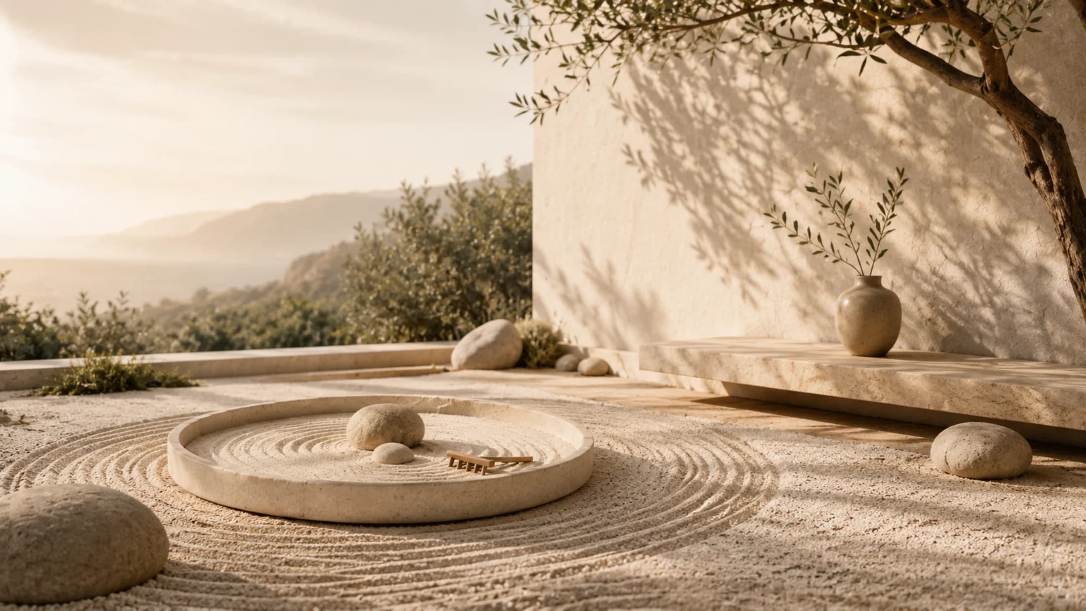 A peaceful sunlit coastal garden with stone textures.