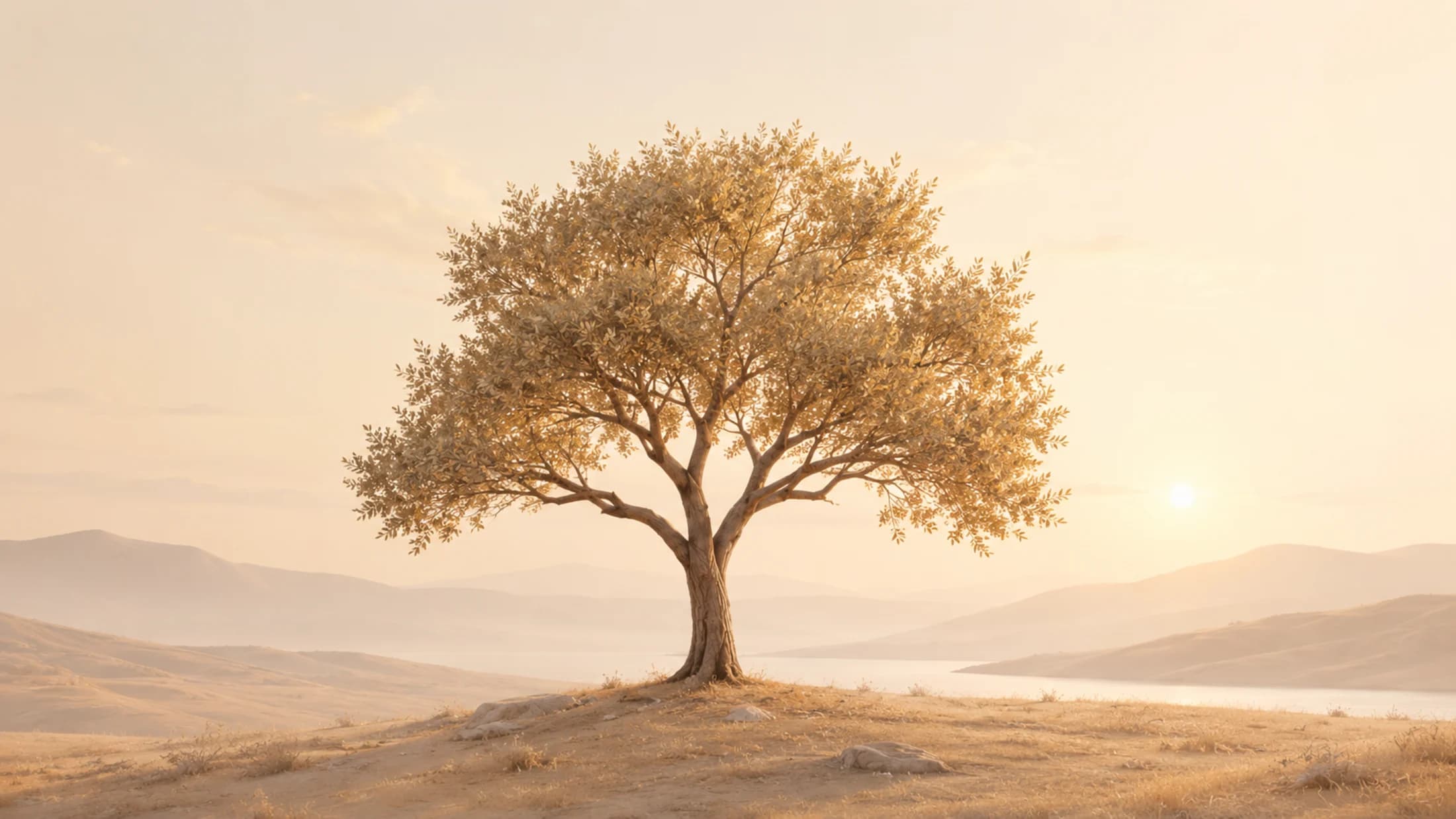 A golden tree in a quiet landscape.